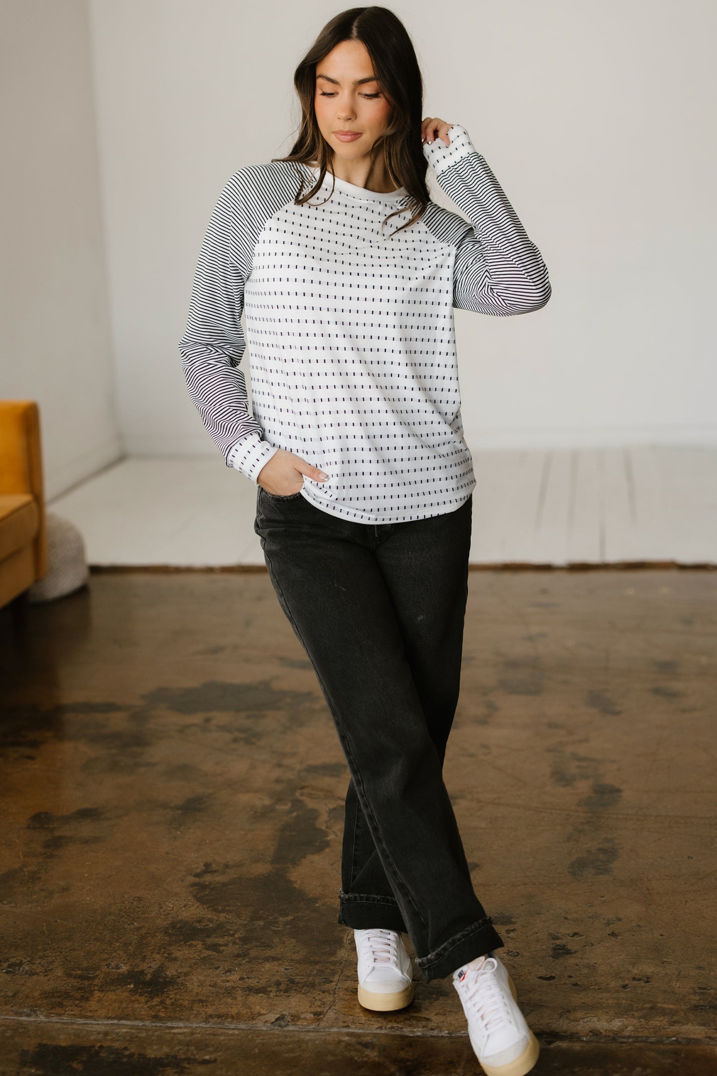 Striped Raglan Sleeve Color Block Long Sleeve Top