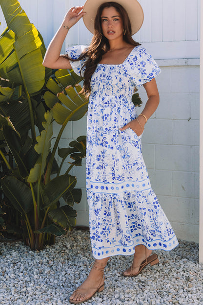 Blue Floral Square Neck Smocked Maxi Dress