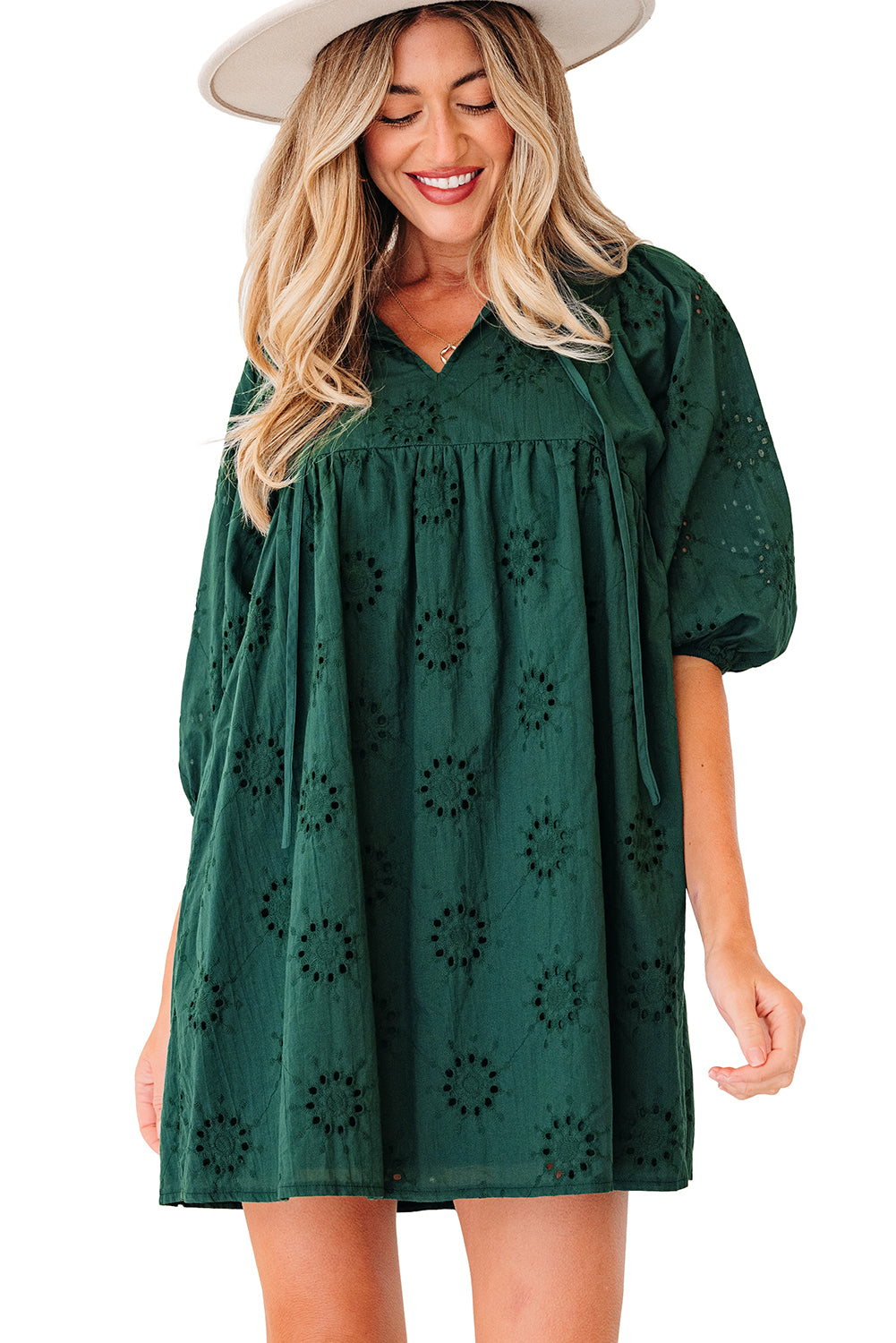 Green Eyelet Embroidered Puff Sleeve Babydoll Mini Dress