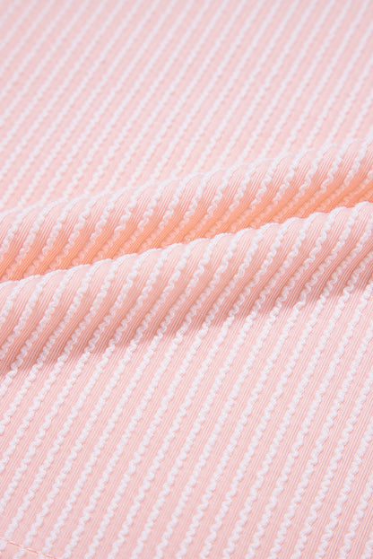 Pink Striped Textured Knit Pocket Casual Tee