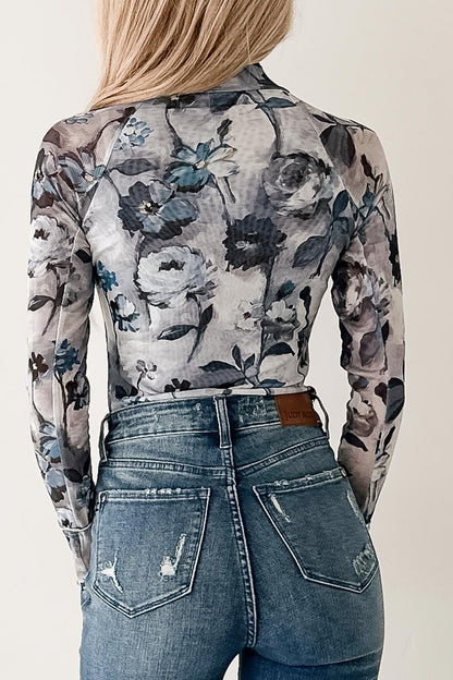 Blue Floral Mesh Mock Neck Long Sleeve Top