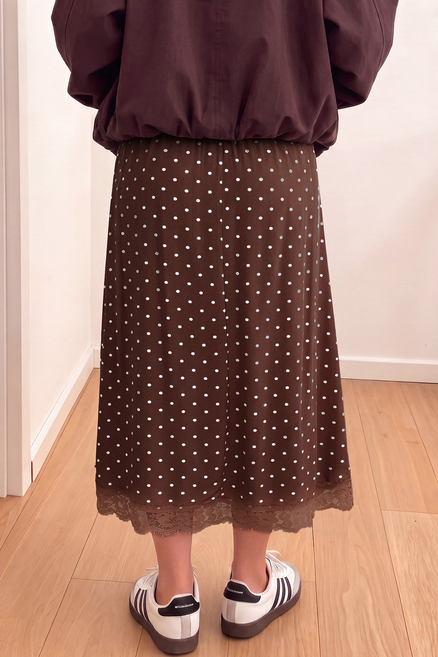 Khaki Polka Dot Lace Hem Elegant Long Shift Skirt