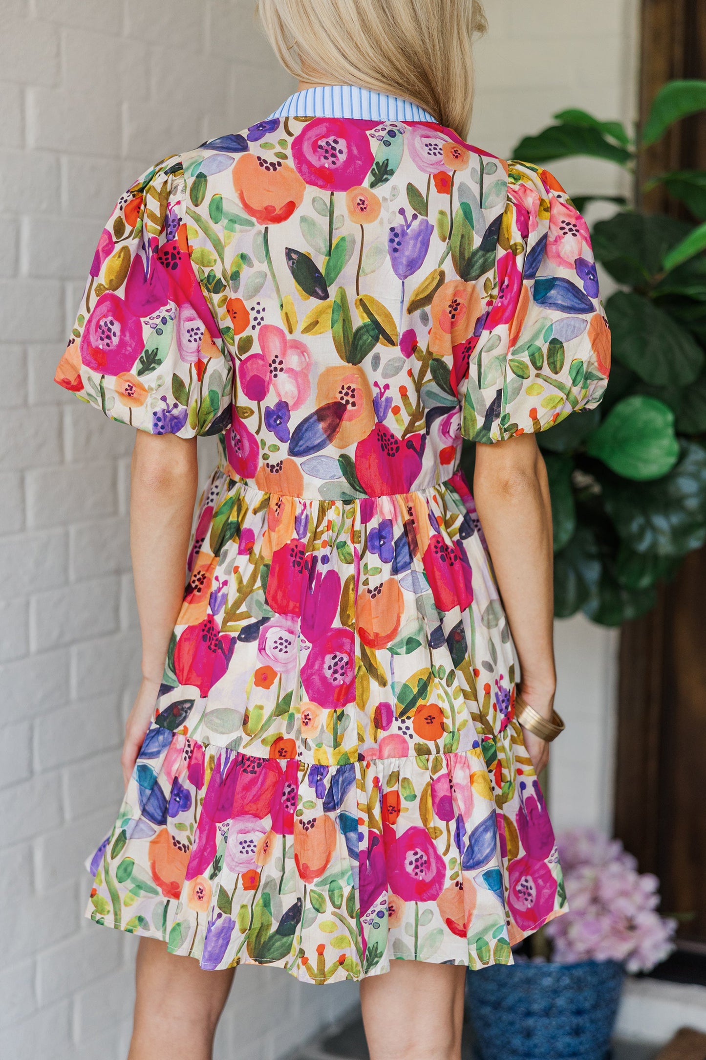 Easter Floral Ricrac Trim V Neck Tiered Mini Dress