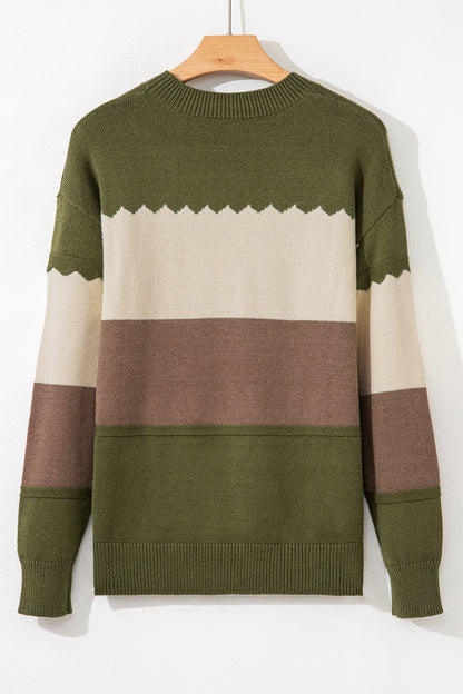 Black Beige Brown Colorblock Drop Shoulder Knit Sweater