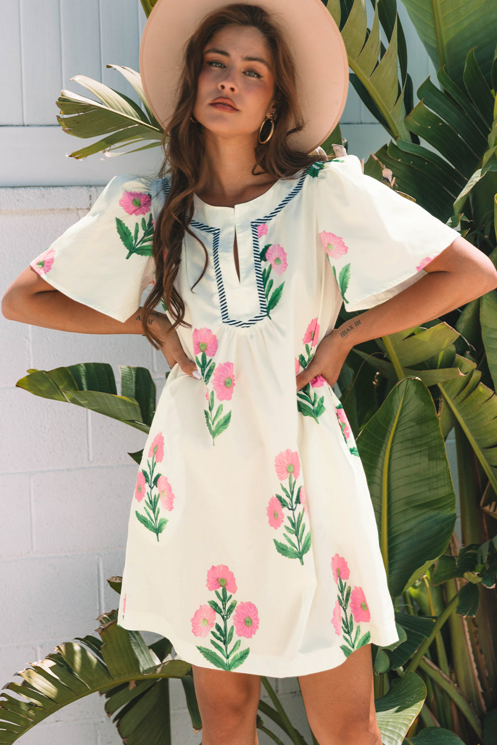 Easter Floral Split Neck Short Sleeve Mini Dress