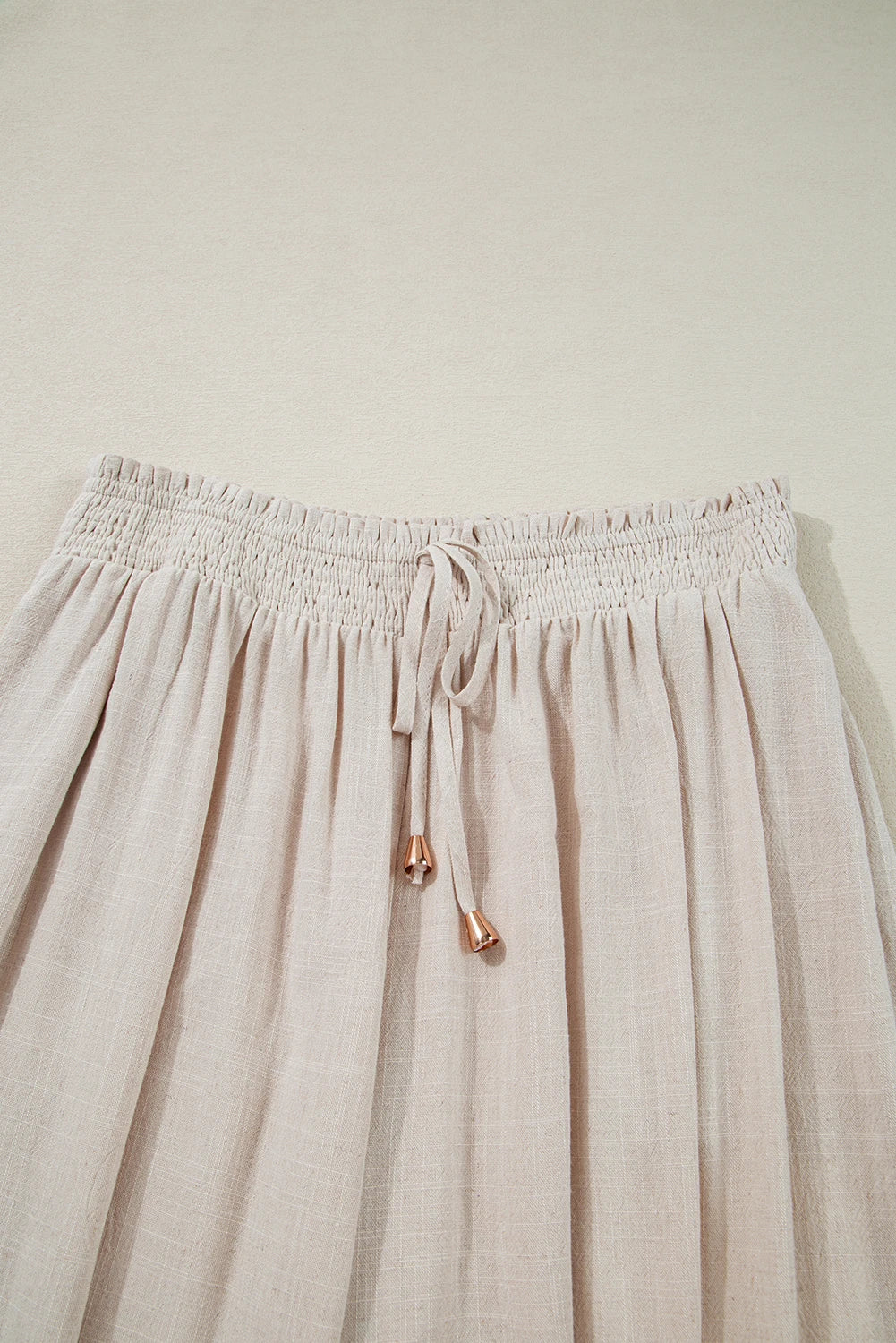 Beige Smocked Waist Wide Leg Flow Pants Plus Size