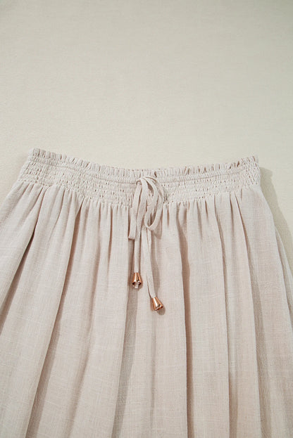 Beige Smocked Waist Wide Leg Flow Pants Plus Size