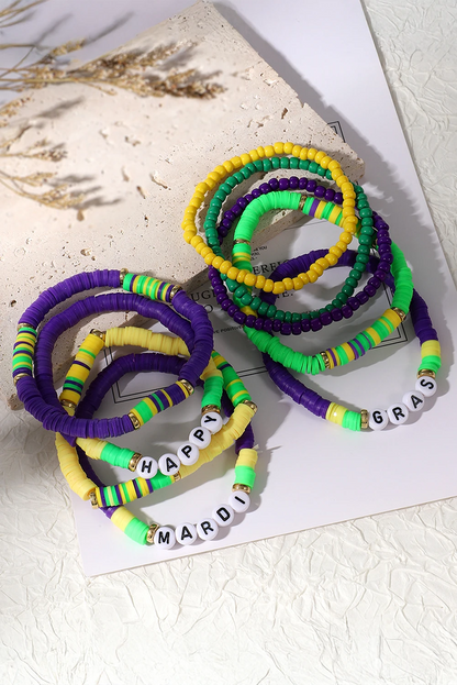 Tillandsia Purple Mardi Gras Beaded Stretch Bracelet Set