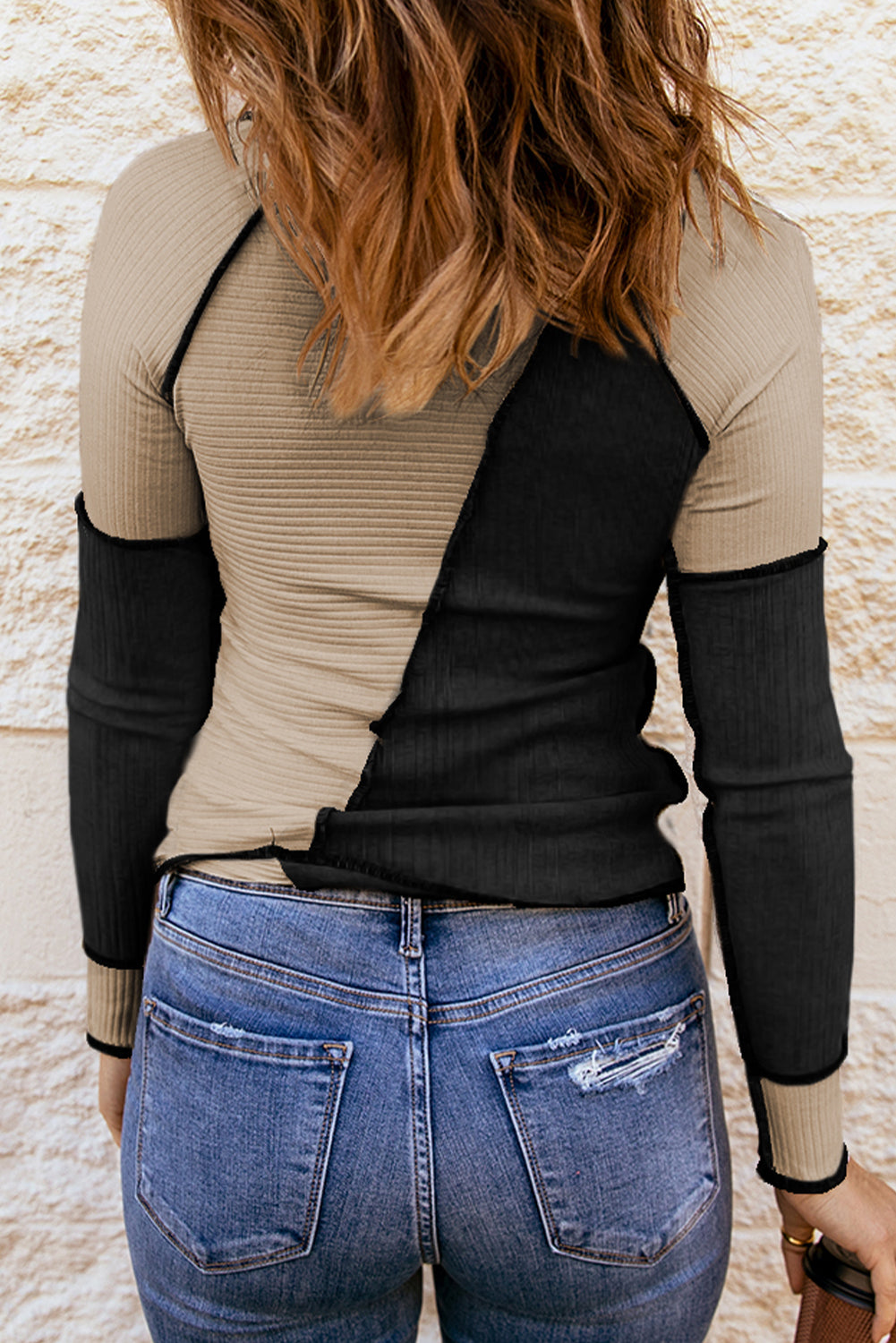 Irregular Color Block Rib Knit Long Sleeve Top