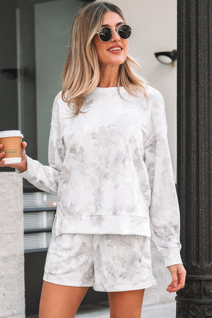 Beige Camo Print Lounge Pullover and Elastic Waist Short Set
