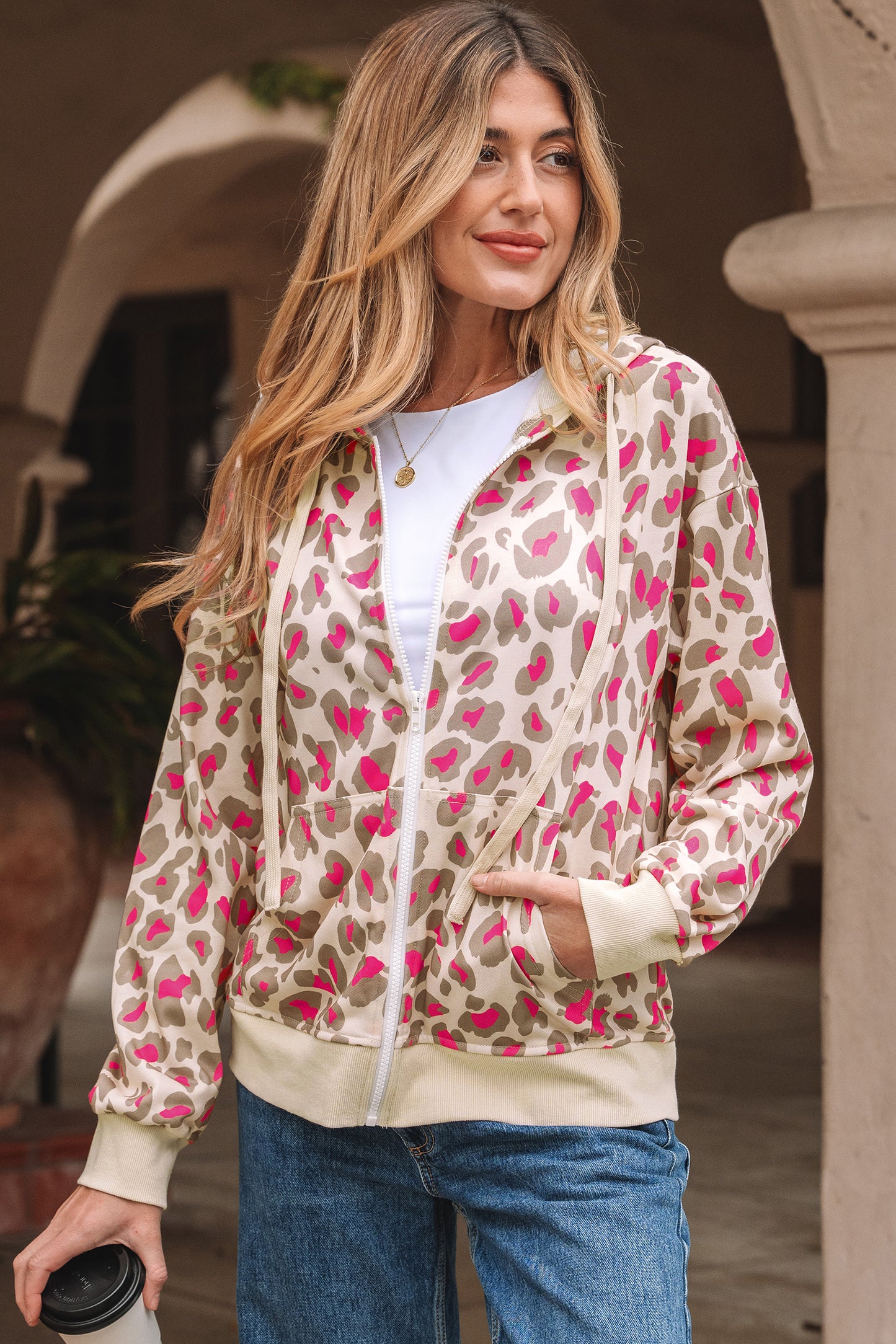 Rose Leopard Print Zip Up Hoodie with Pockets