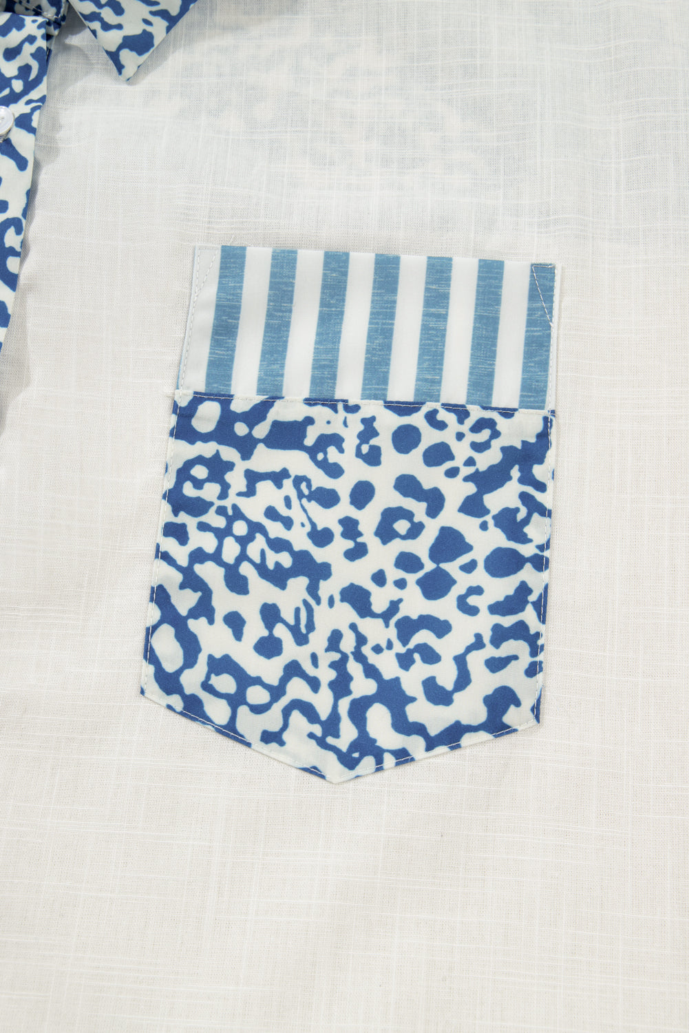 Sky Blue Striped Leopard Patchwork Cotton Plus Shirt