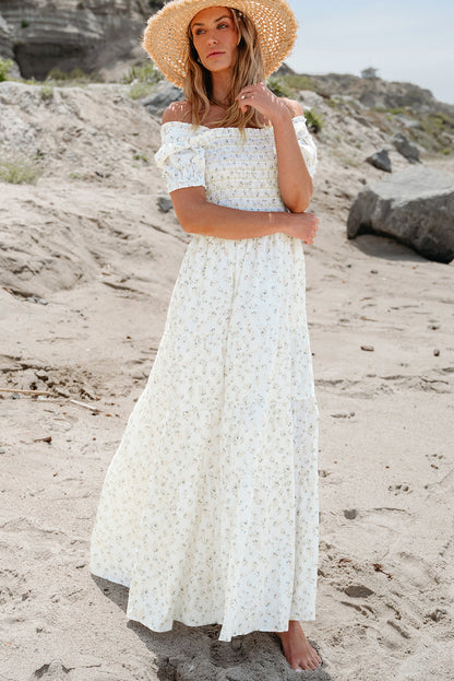 White Floral Shirred Smocked Tiered Maxi Dress