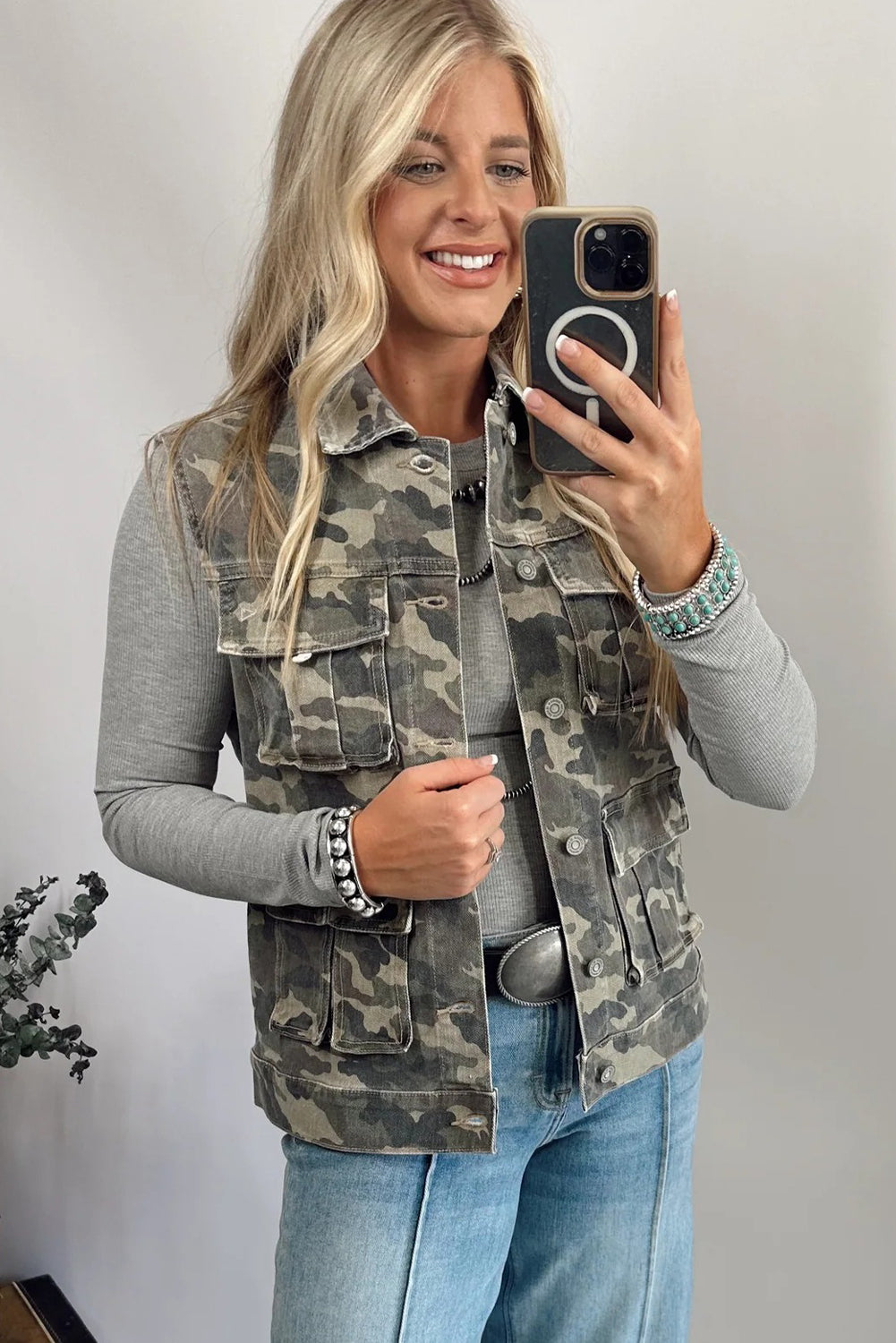 Camo Cargo Button Down Denim Vest with Utility Pockets
