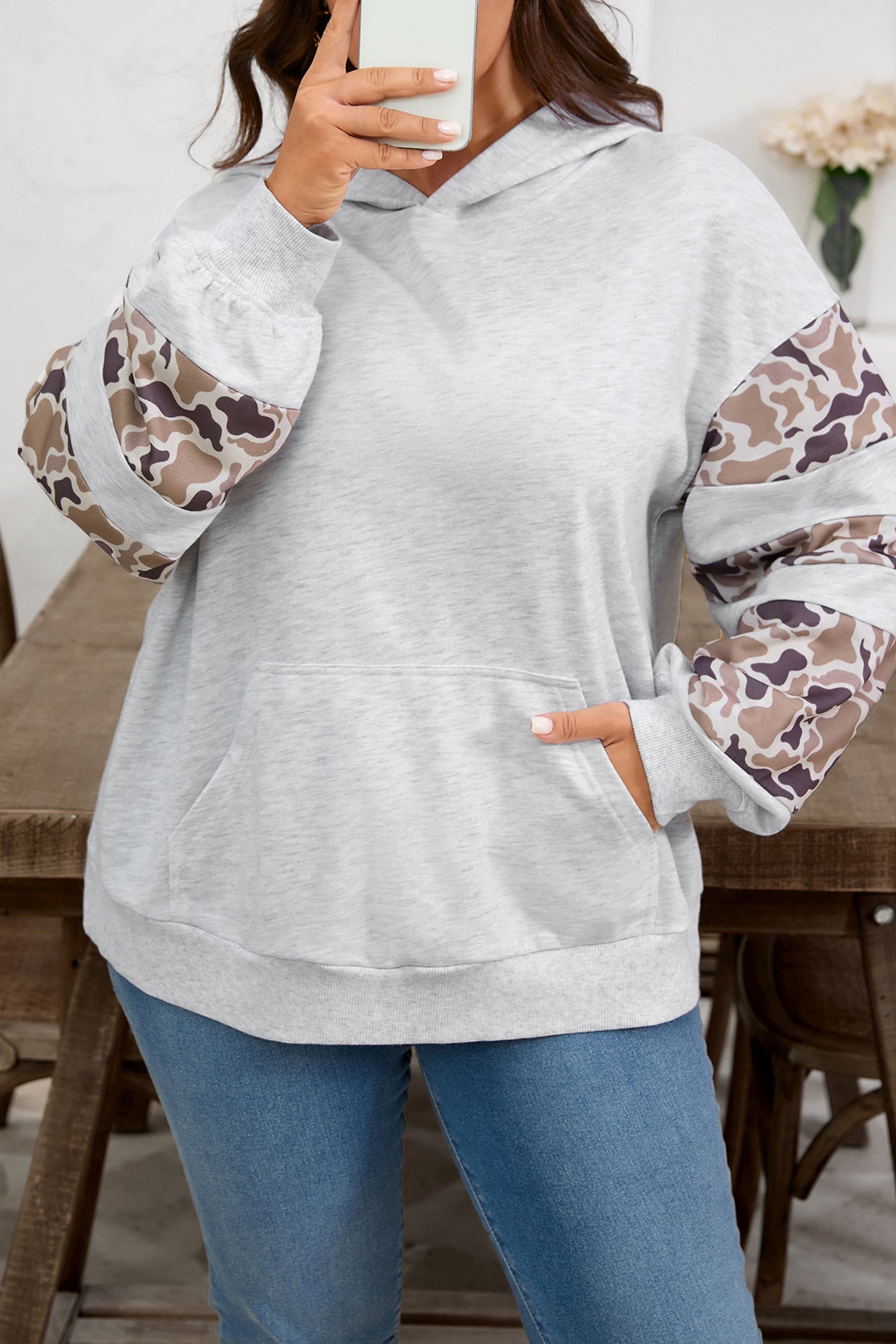 Light Gray Camo Patchwork Hoodie with Asymmetric Sleeves