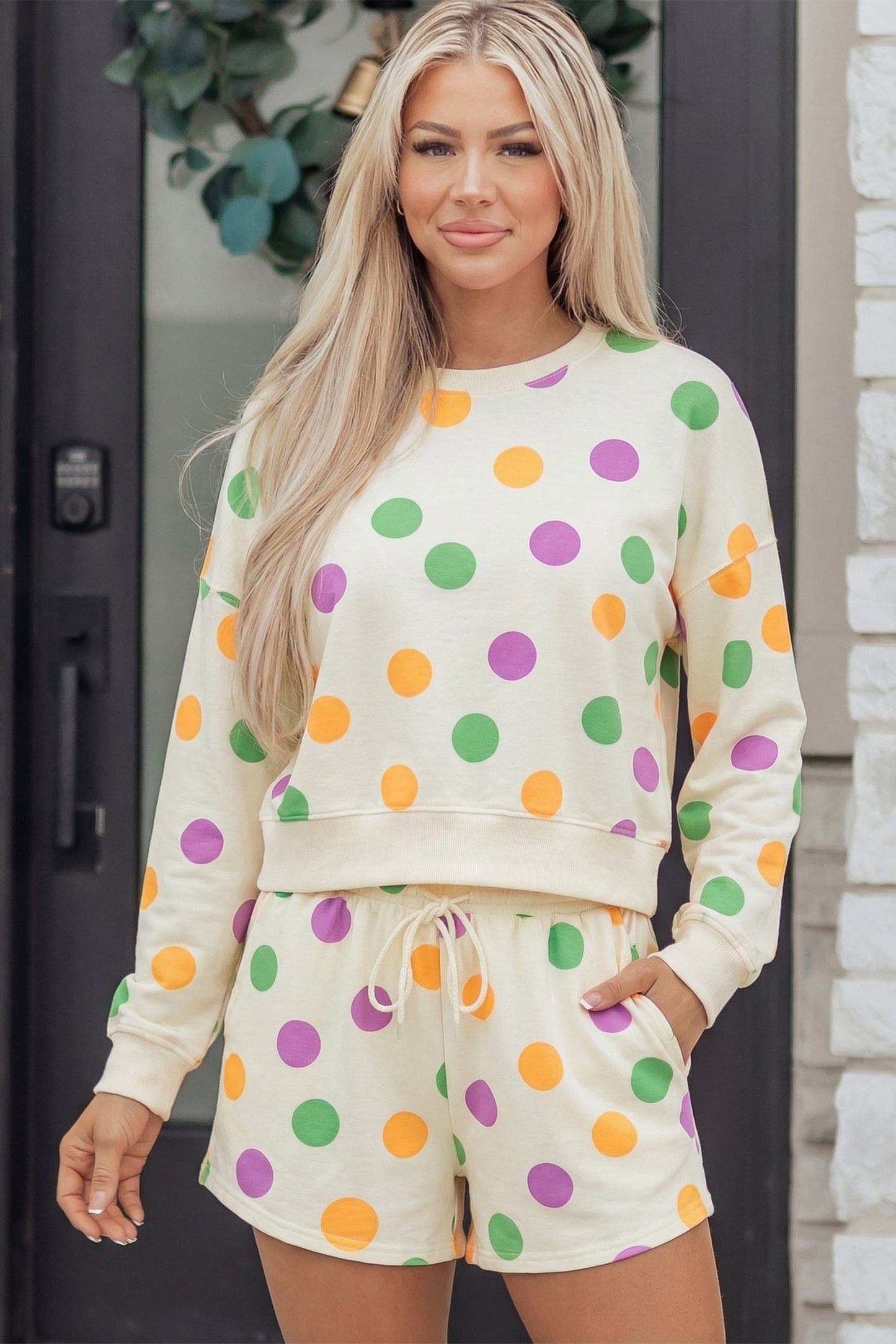 Pink Polka Dot Drop Shoulder Pullover Shorts Set