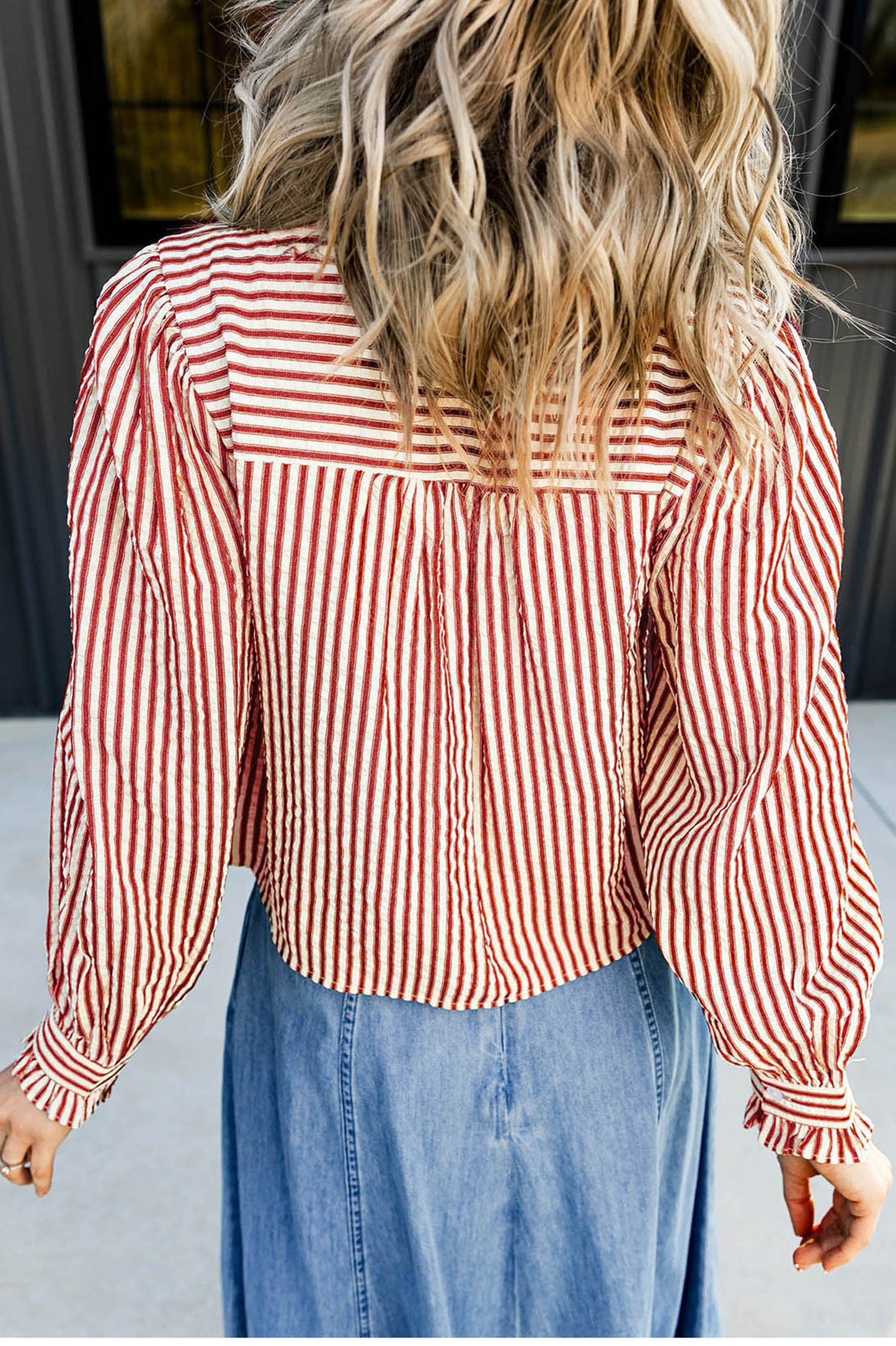Red Striped Ruffle Collar Button-Up Long Sleeve Blouse