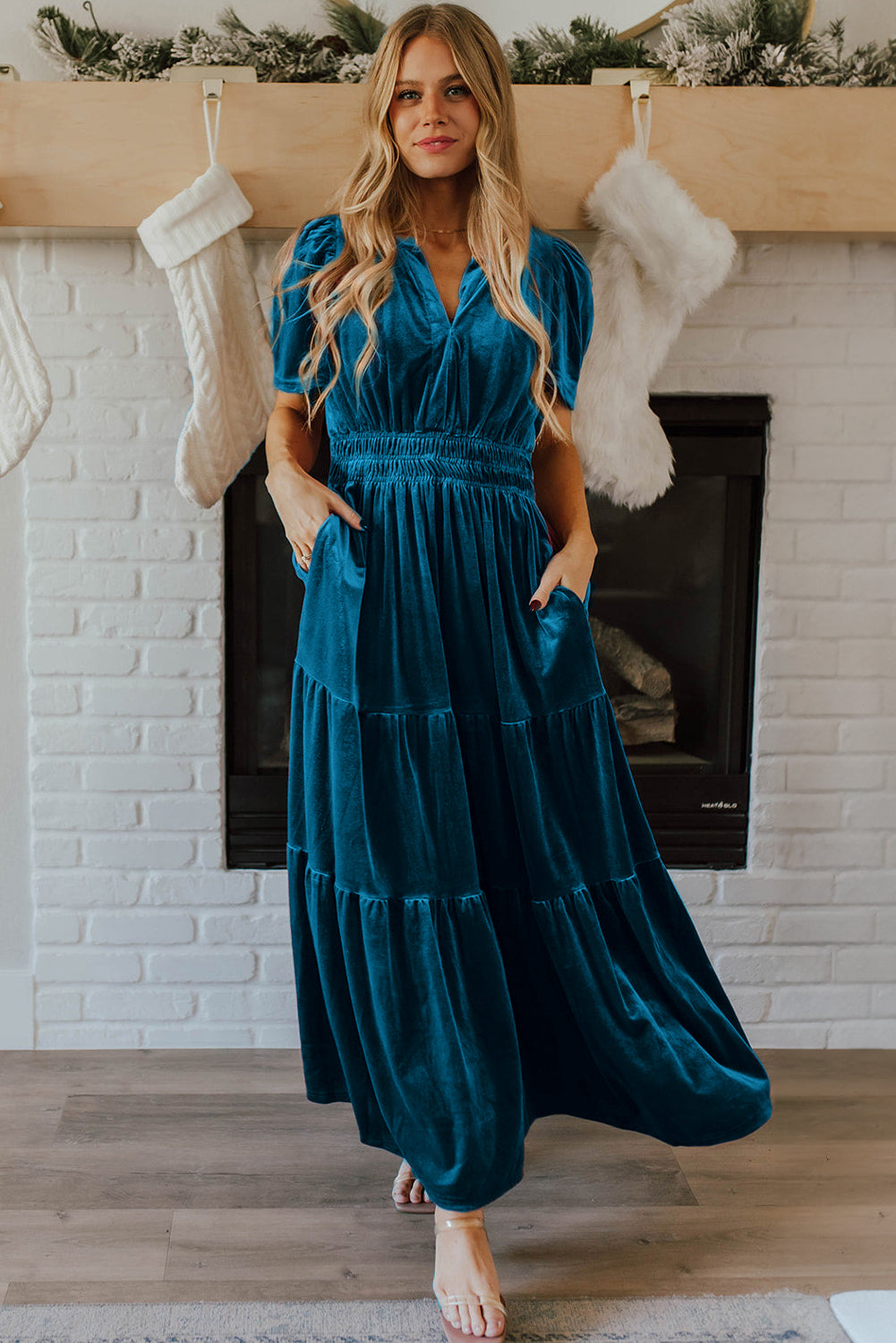 Holiday Red Velvet V Neck Short Sleeve Party Maxi Dress