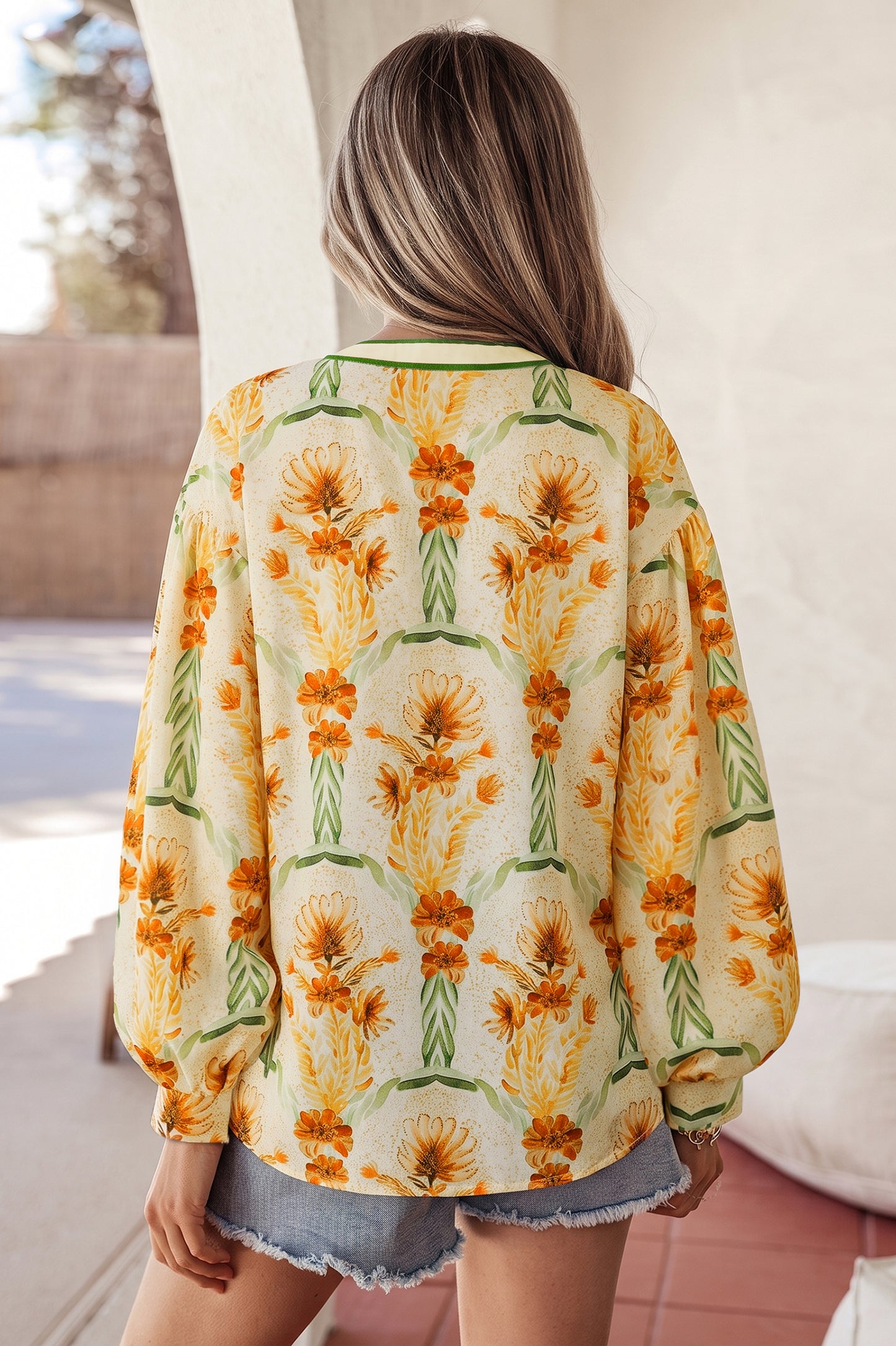 Women's Boho Floral Print Contrast Trim Button Blouse