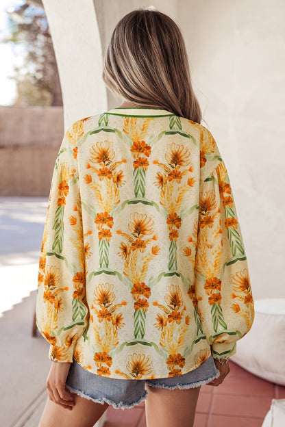 Women's Boho Floral Print Contrast Trim Button Blouse