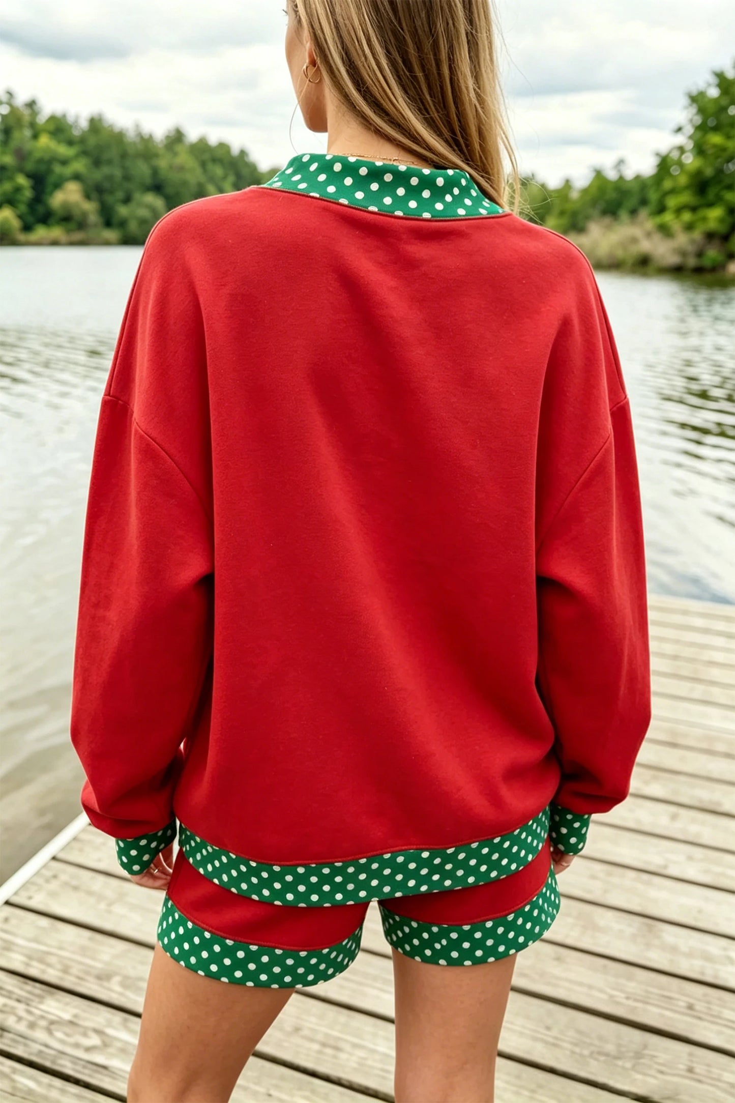 Red Gingham Trim Sweatshirt Shorts Two Piece Set