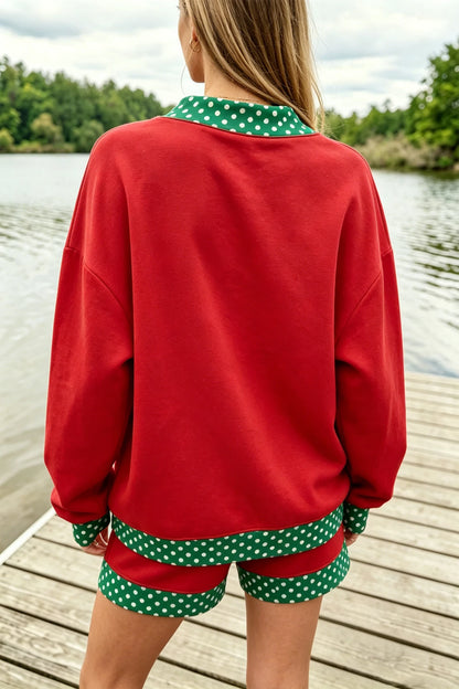 Red Gingham Trim Sweatshirt Shorts Two Piece Set