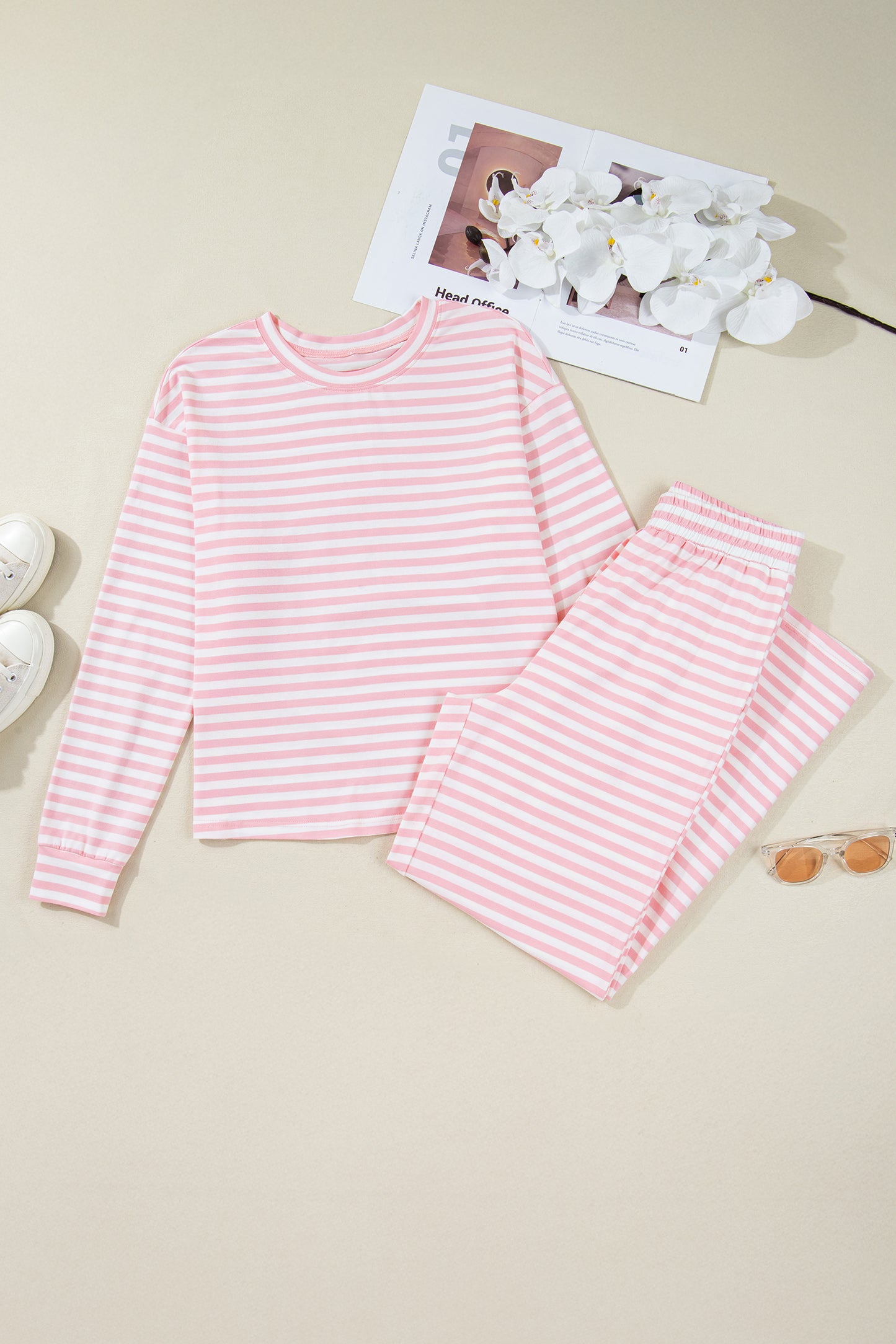 Striped Lounge Set Long Sleeve Top Wide Leg Pants