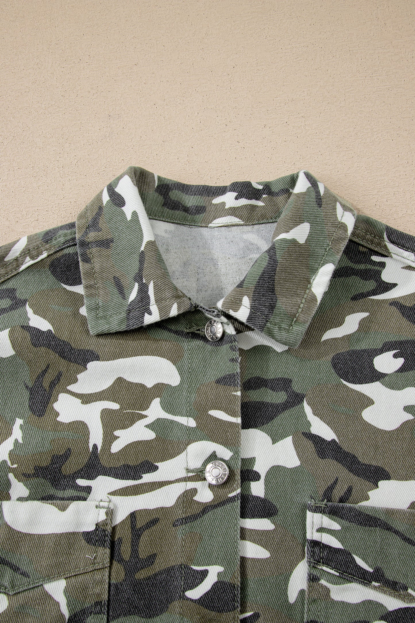 Green Camo Loose Denim Jacket with Chest Pockets