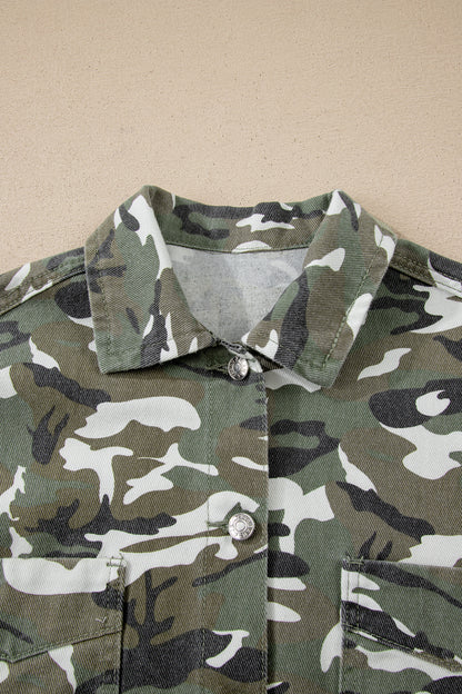 Green Camo Loose Denim Jacket with Chest Pockets