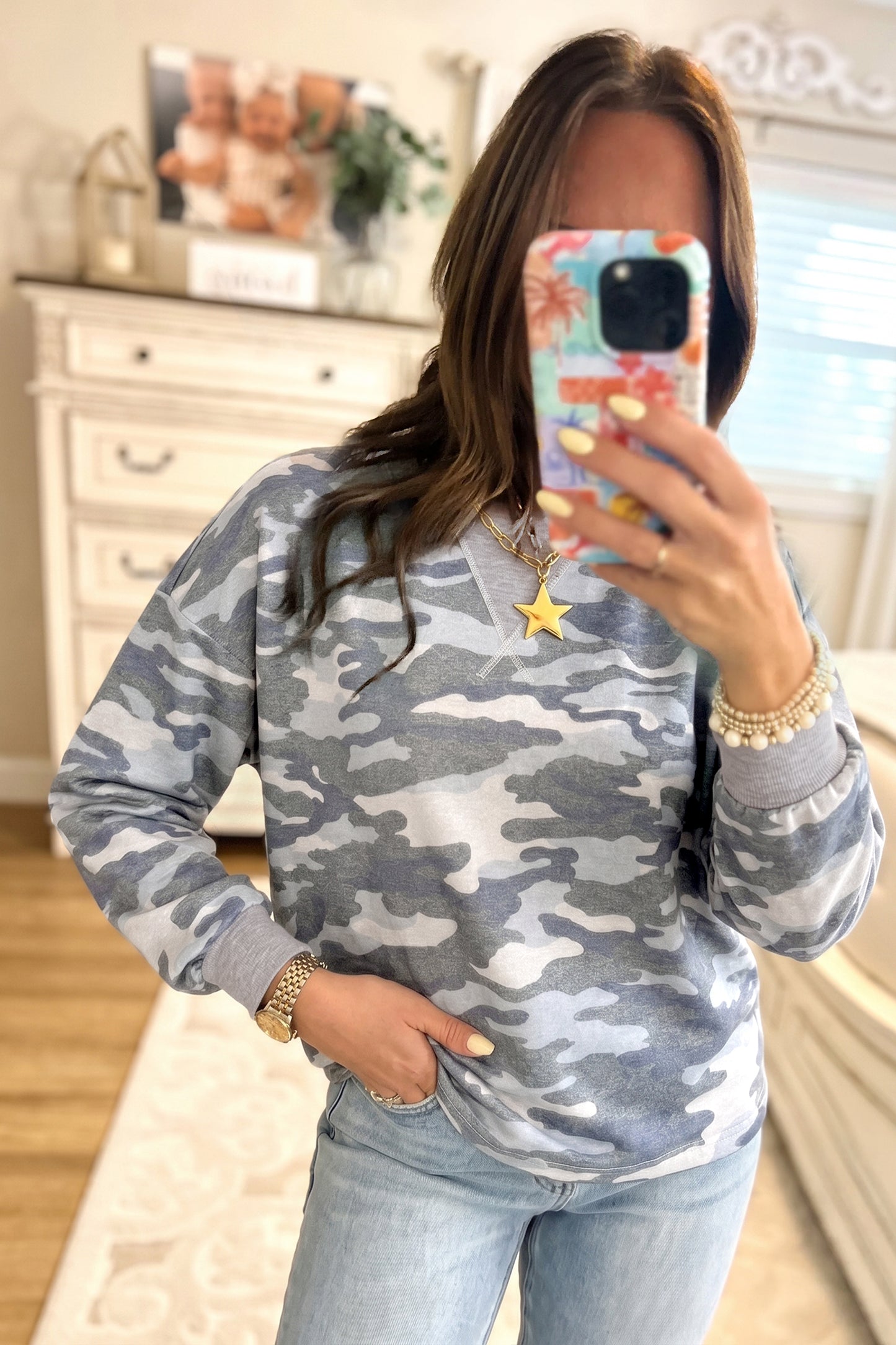 Grey Camouflage Long Sleeve Crew Neck Casual Pullover Top