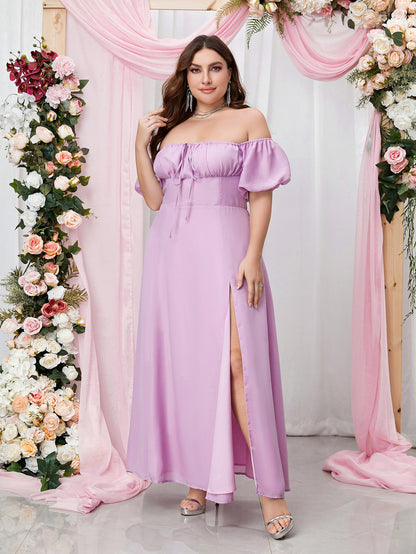 Woman Off Shoulder Half Sleeve High Waist Side Split Plus Size Dresses