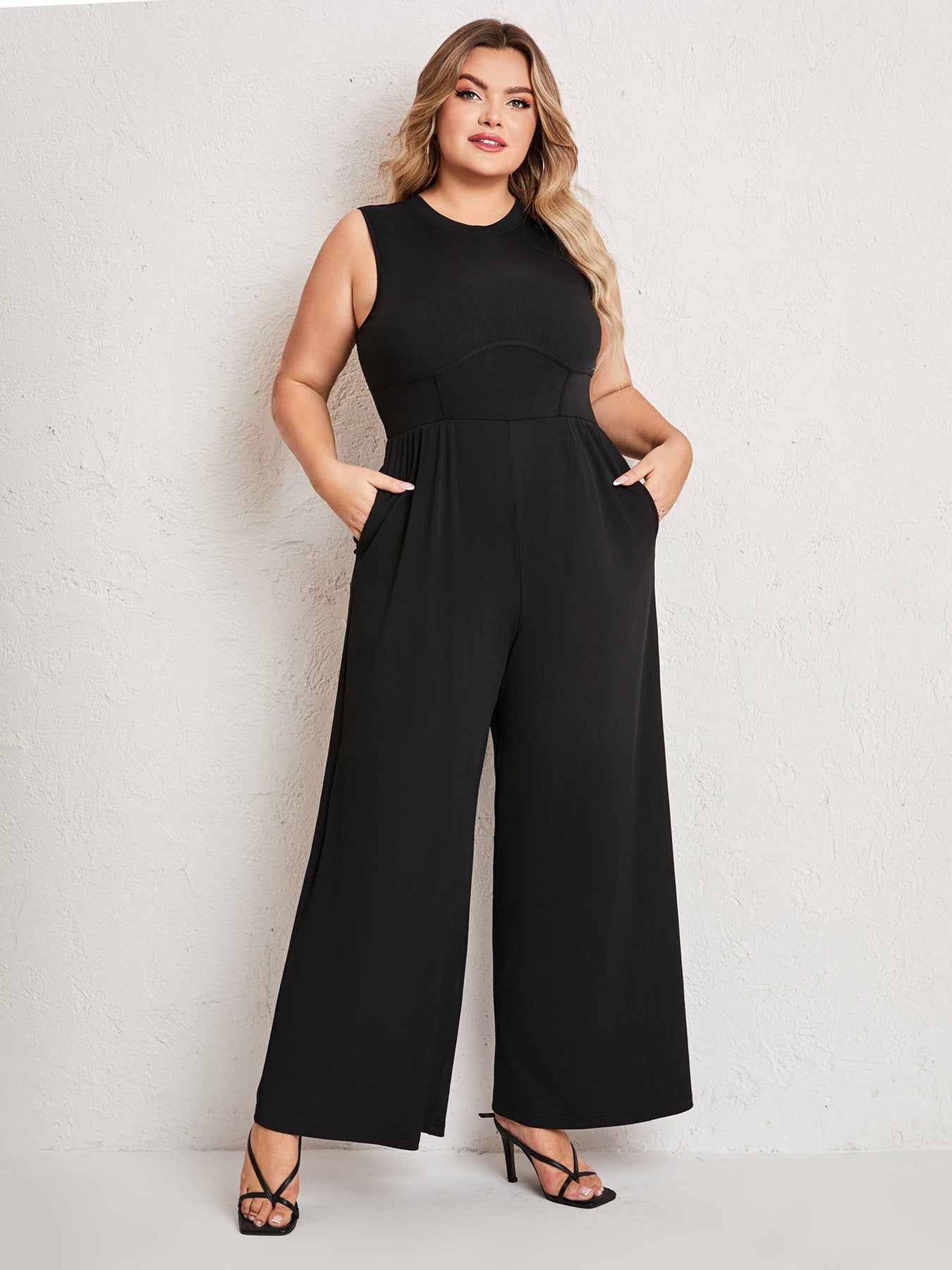 Womens Summer One Piece Sleeveless Wide Leg Pants Rompers With Pockets Plus Size