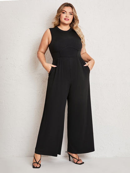 Womens Summer One Piece Sleeveless Wide Leg Pants Rompers With Pockets Plus Size