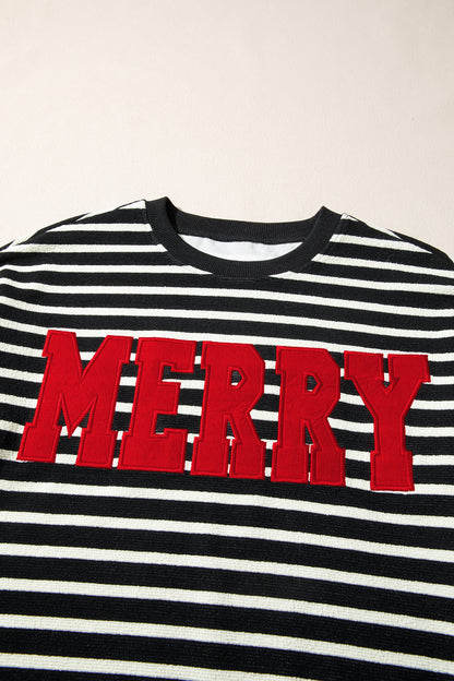 Black Striped MERRY Christmas Sweatshirt Drop Shoulder Pullover