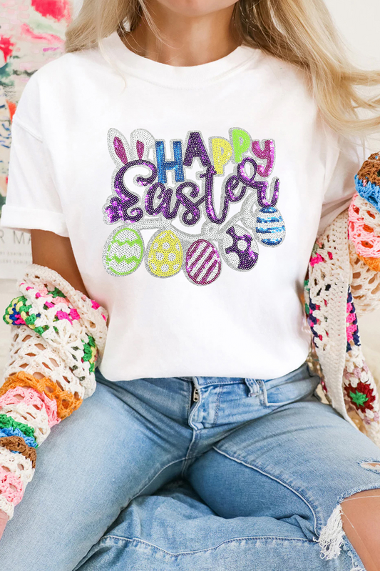 Happy Easter Sequin Patch Graphic Crewneck Tee