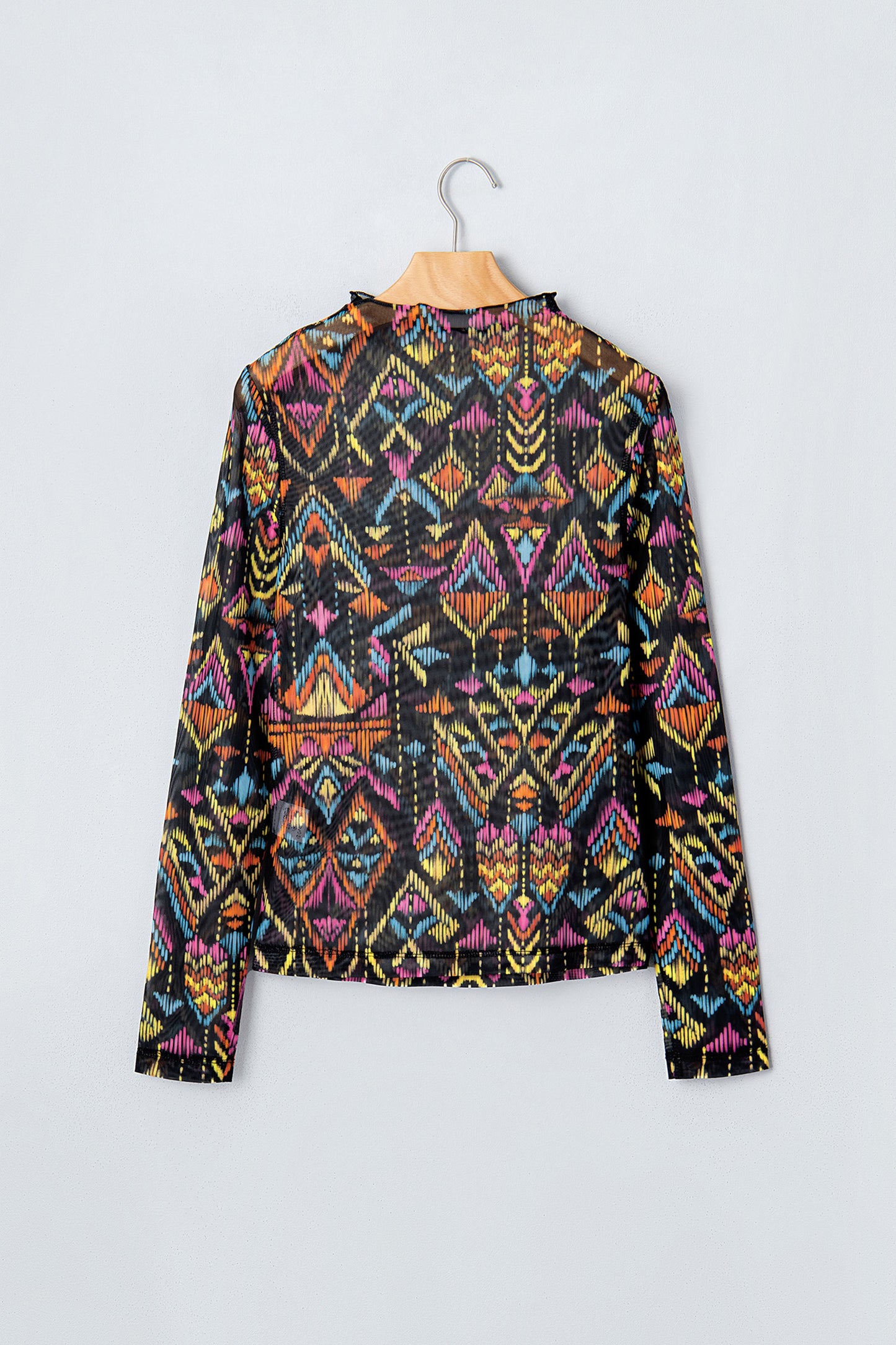 Abstract Print Mock Neck Mesh Long Sleeve Top