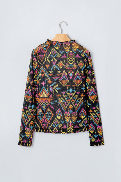 Abstract Print Mock Neck Mesh Long Sleeve Top