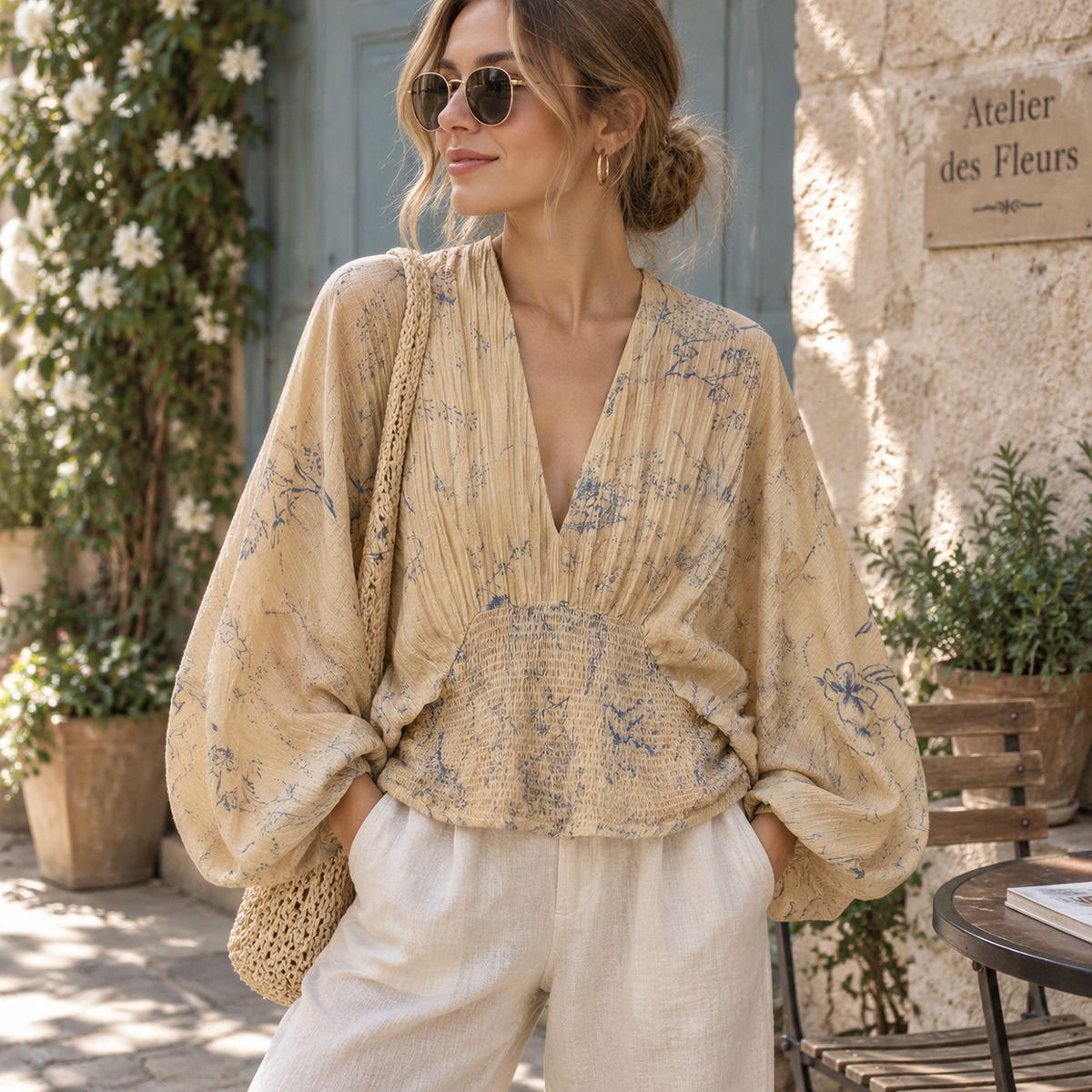 Women's Floral Smocked Blouse Boho Balloon Sleeve Top