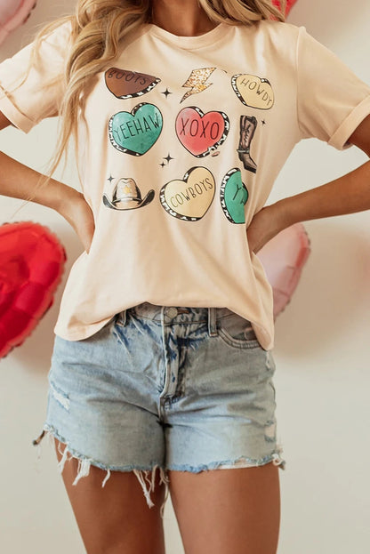 Khaki Western Fashion Valentine Graphic T-shirt