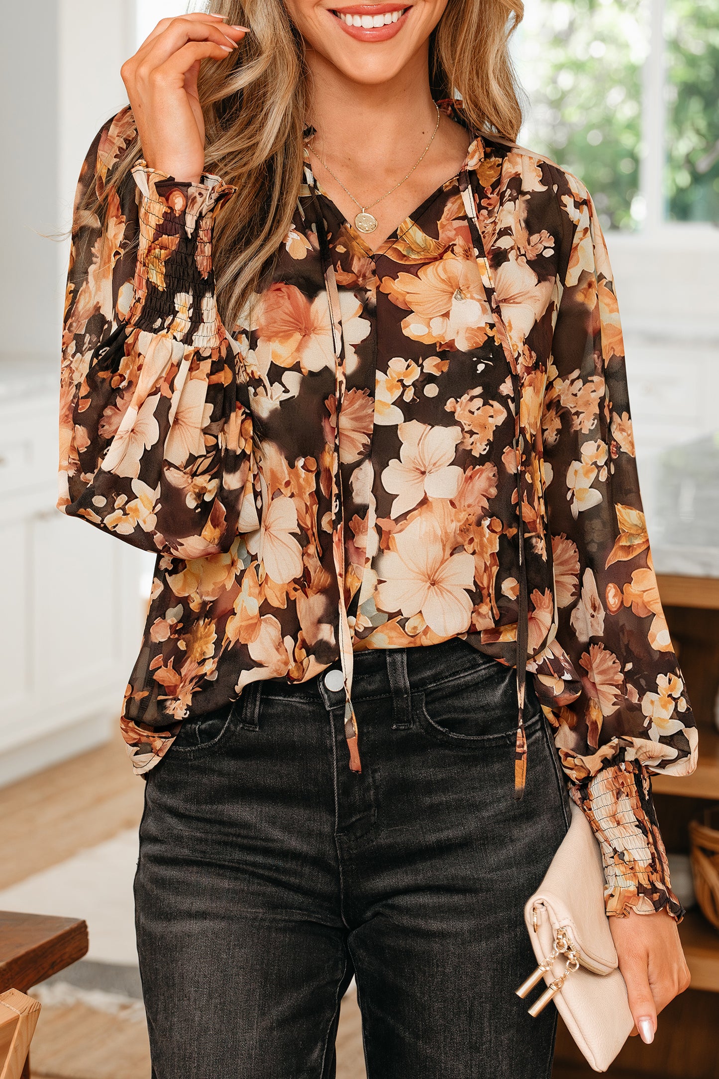 Black Floral Print V Neck Long Sleeve Smocked Cuff Blouse