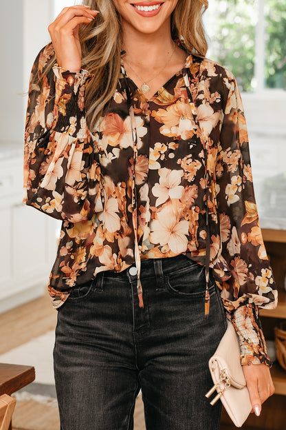 Black Floral Print V Neck Long Sleeve Smocked Cuff Blouse