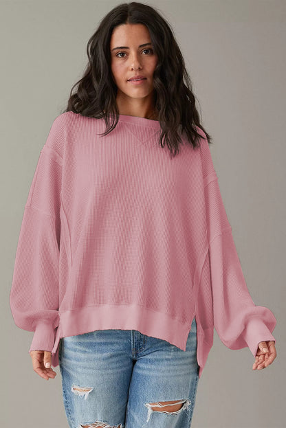 Waffle knit Bishop Sleeve Split Oversized Top