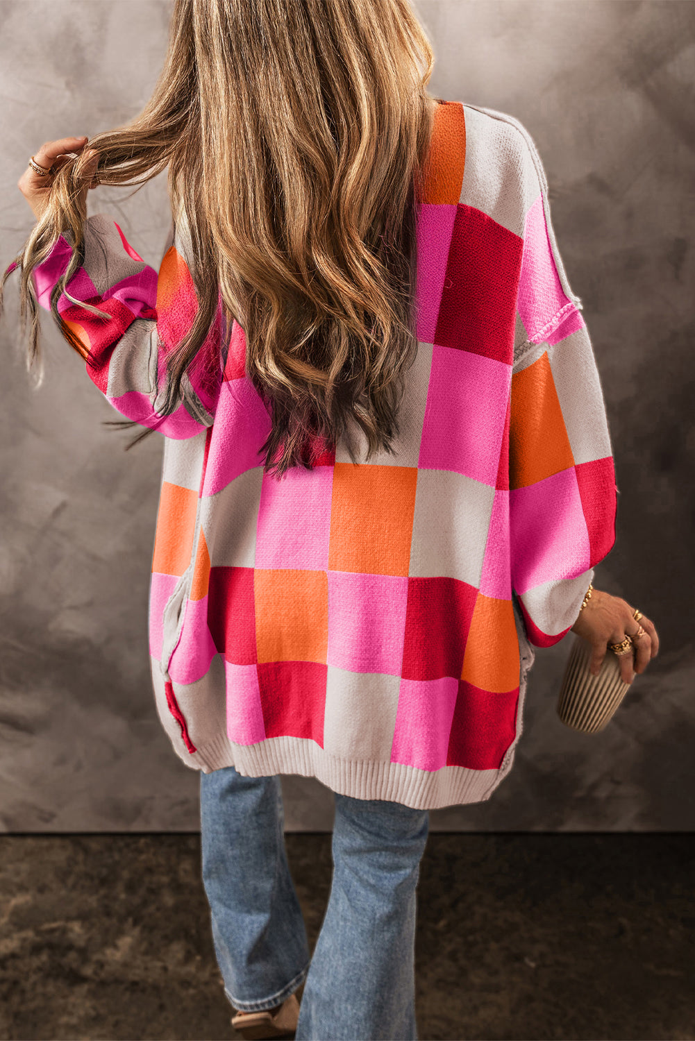 Light Blue Checkered Drop Shoulder Exposed Seam Open Front Cardigan