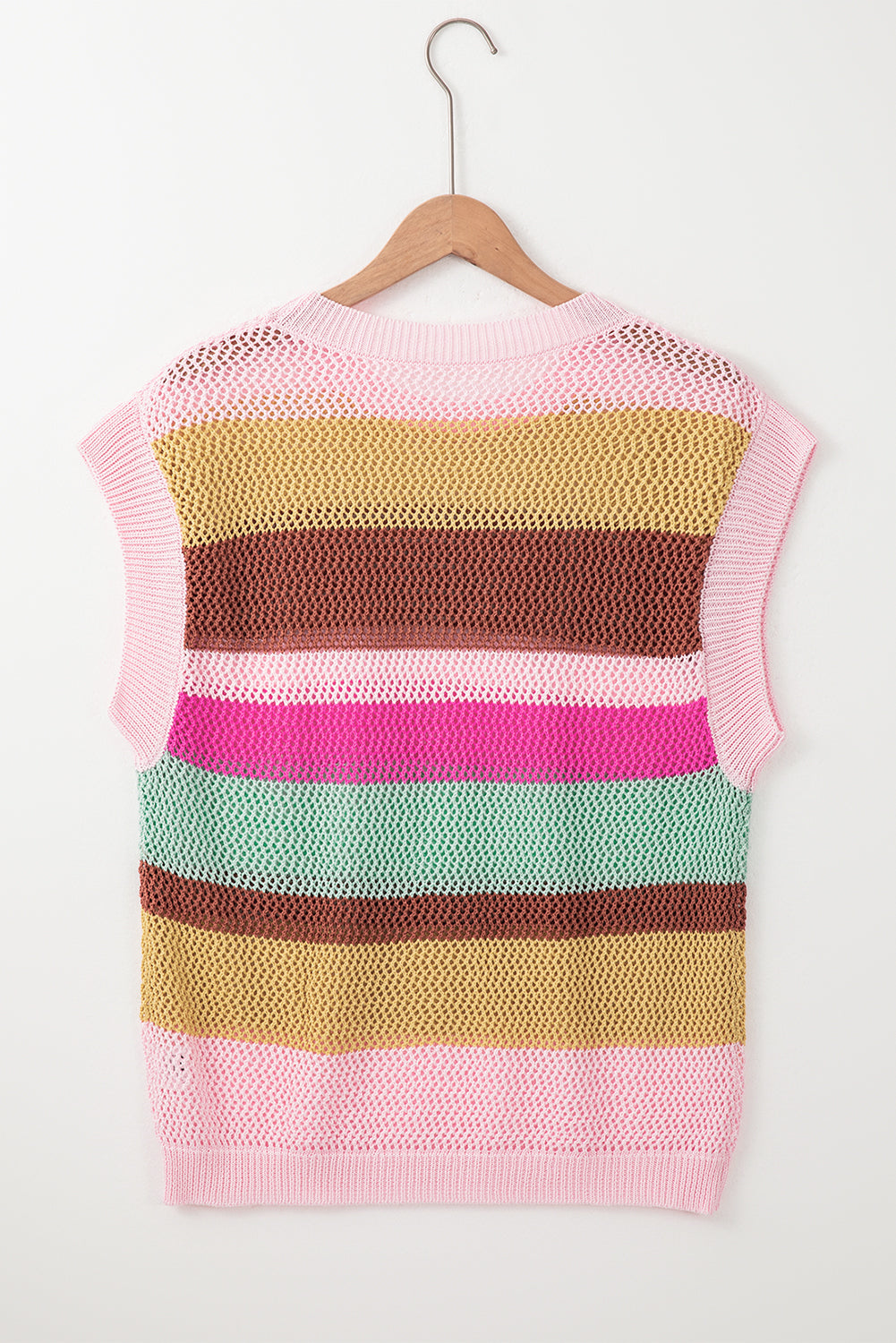 Pink Stripe Crochet Cap Sleeve Loose Fit Sweater T Shirt