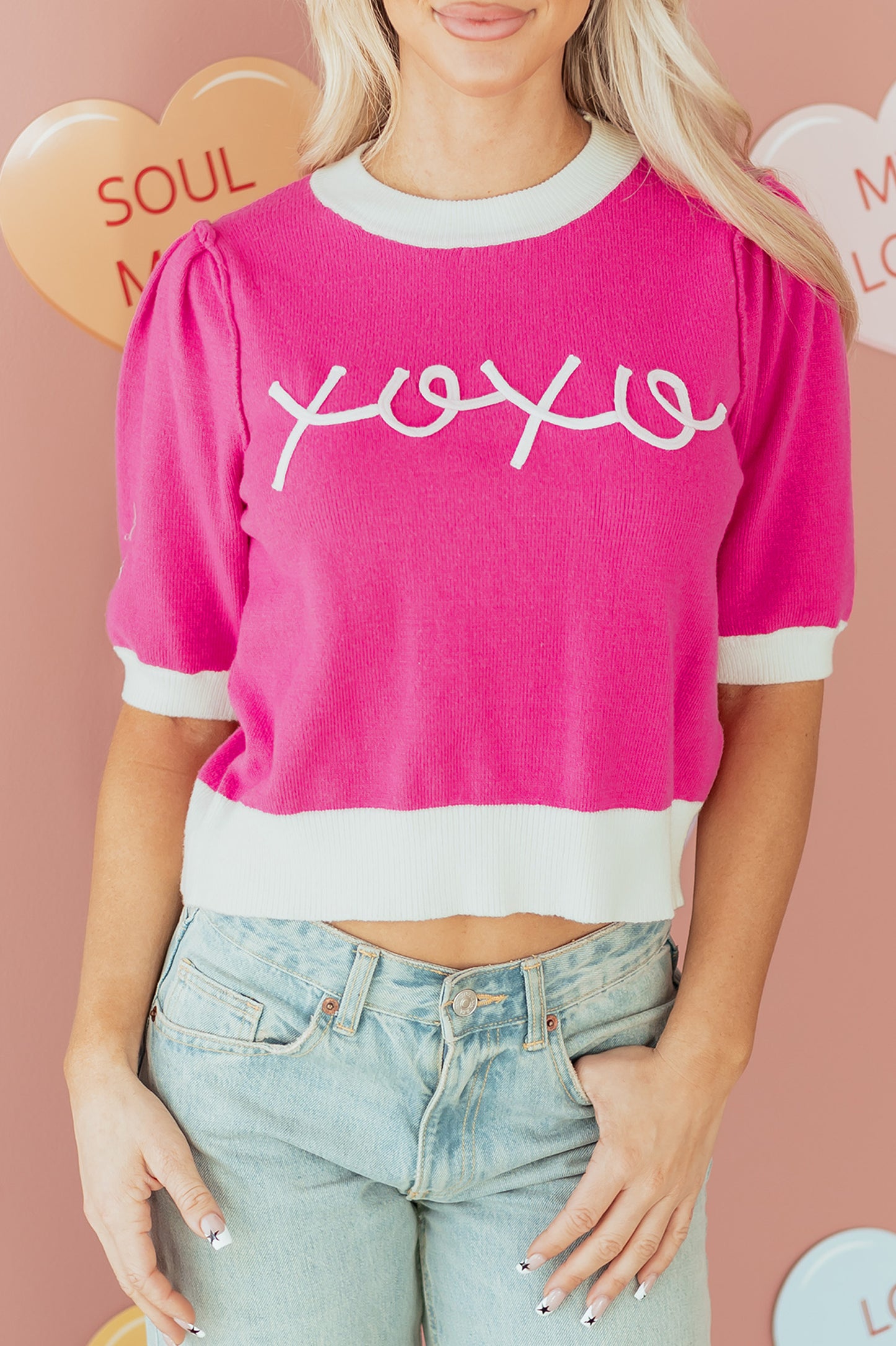 Bright Pink XOXO Puff Sleeve Contrast Knit Valentine Sweater Top