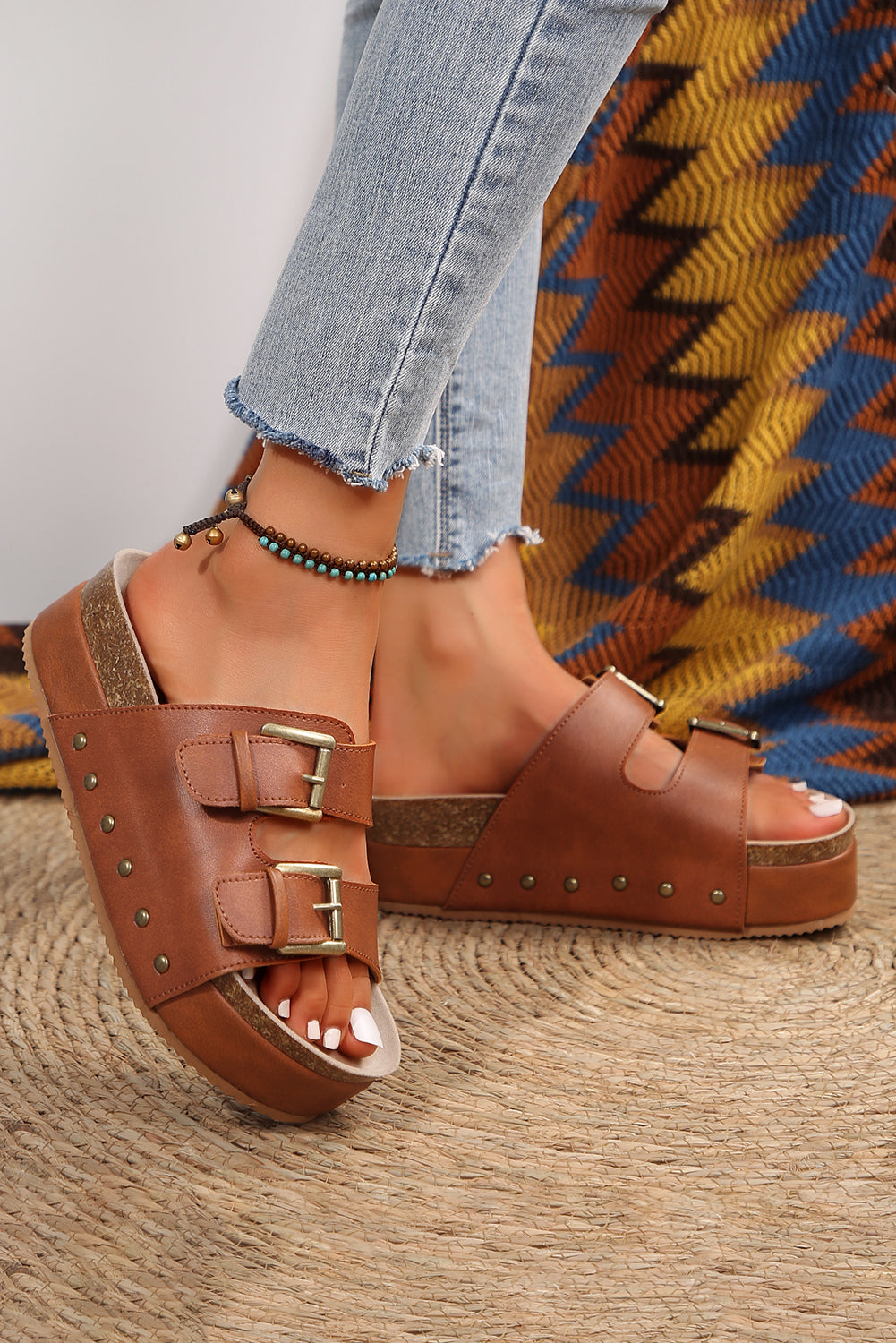 Chestnut Dual Buckle Studded Platform Sandal Slippers