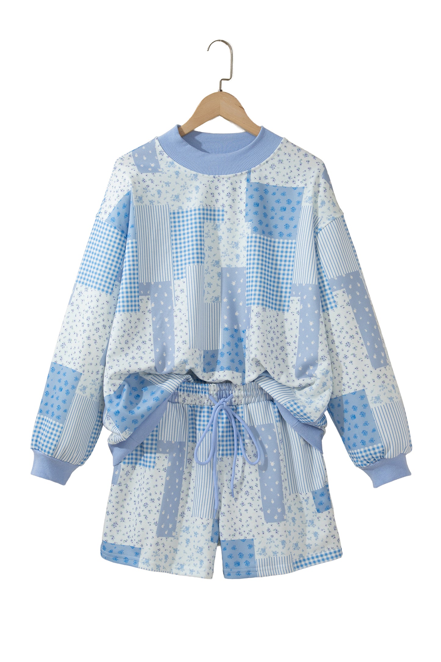 Sky Blue Floral Patchwork Pullover Shorts Set
