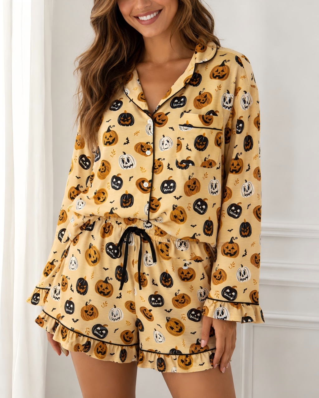 Halloween Pumpkin Print Ruffle Shorts Pajama Set