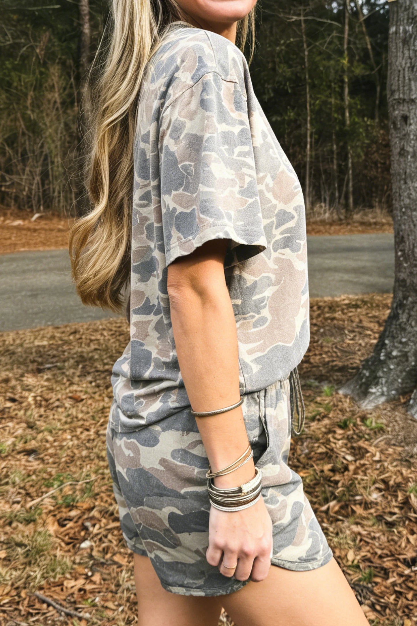 Camo Two Piece Lounge Set Oversized Tee Shorts Outfit