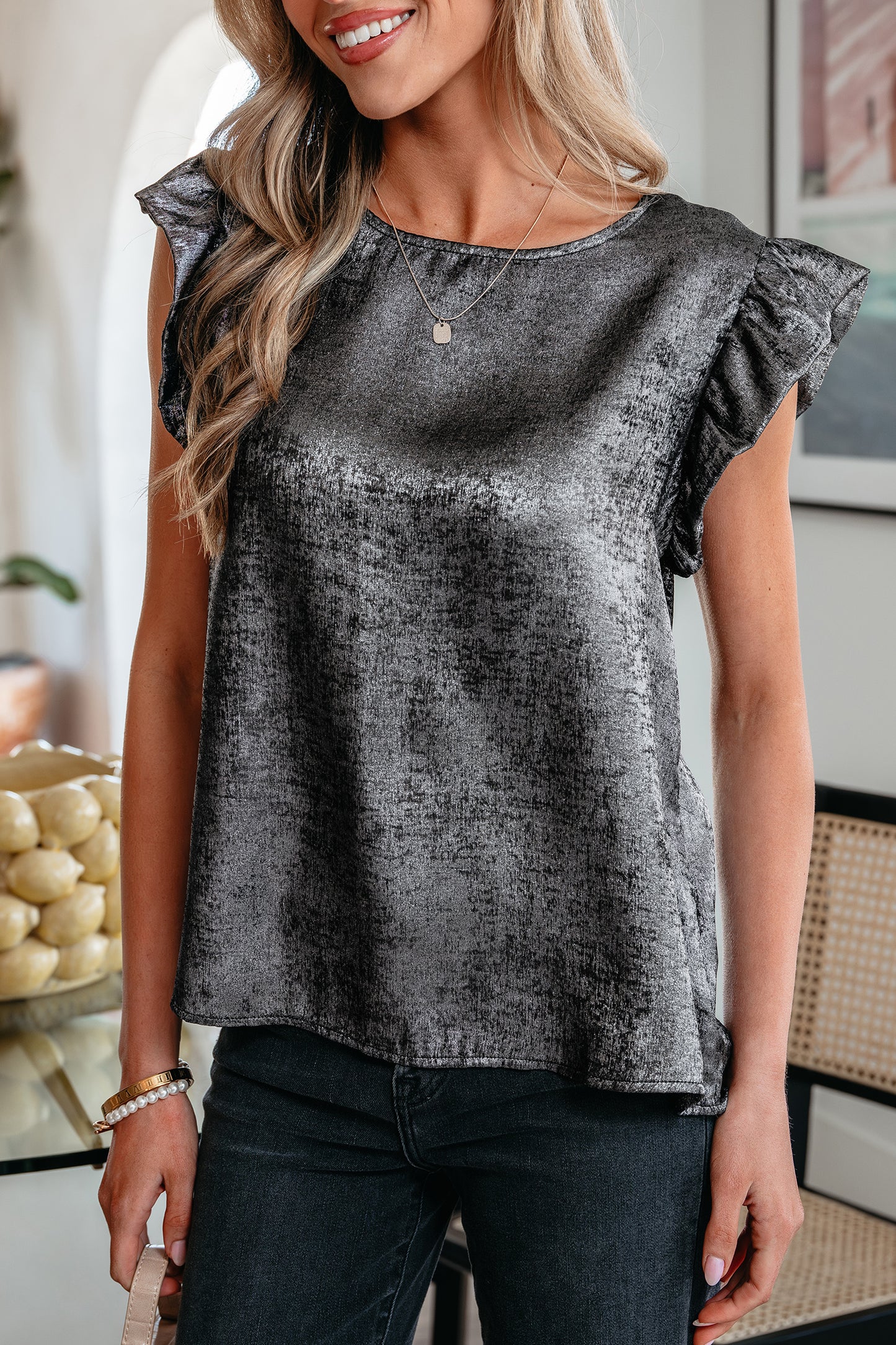 Silver Metallic Ruffle Shoulder Sleeveless Party Top